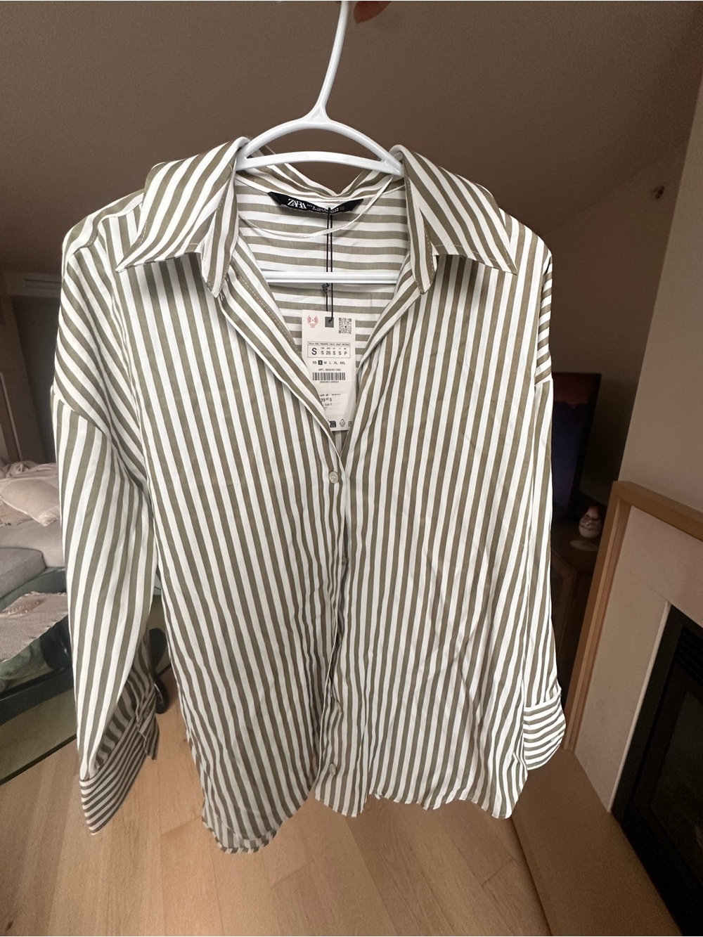 Zara Olive Green & White Stripe Button-Up Shirt (new with tags size S)